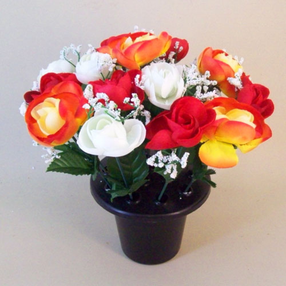 Silk Flowers Filled Grave Pot Red and Orange Ranunculus Memorial Flowers